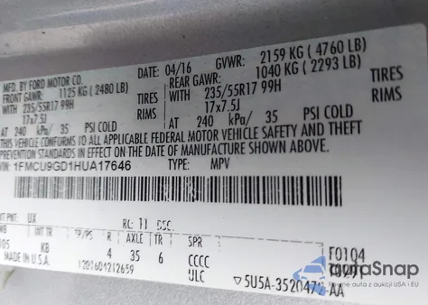 2017 Ford Escape Se z USA, uszkodzony, nr VIN 1FMCU9GD1HUA17646